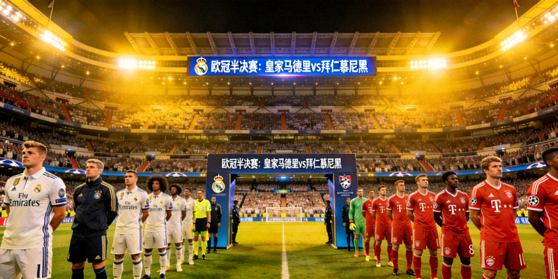 皇家马德里对阵拜仁慕尼黑欧冠半决赛，伯纳乌球场灯火辉煌，双方球员列队入场