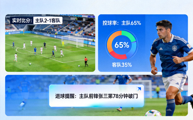 ⽜⼋体育直播画面中展示足球比赛实时比分、控球率图表和进球提醒弹窗场景